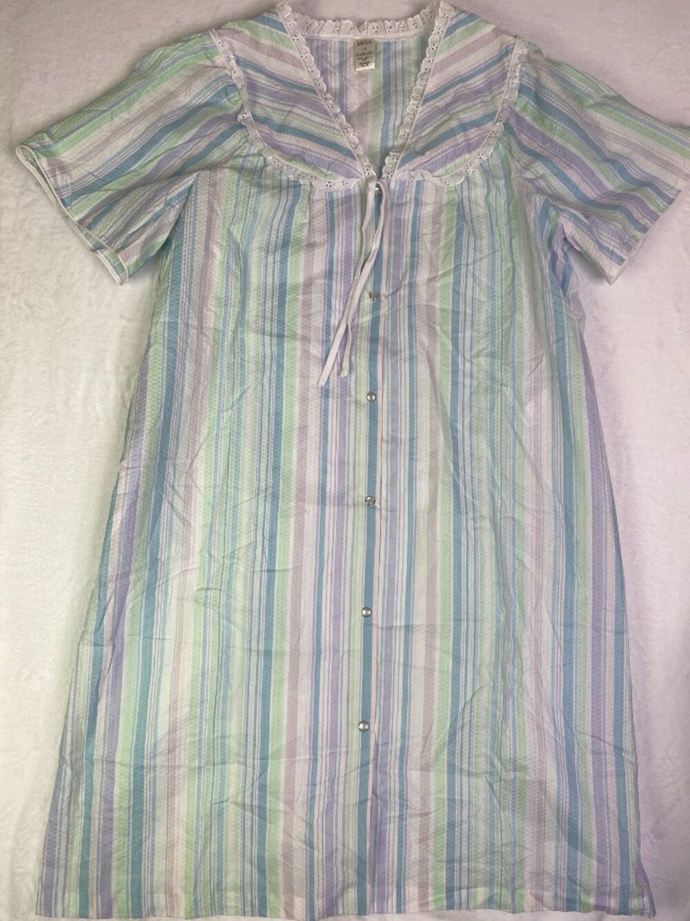 Vtg Classic Elements Pastel Striped Duster Housecoat Dress GrannyCore Large Lace